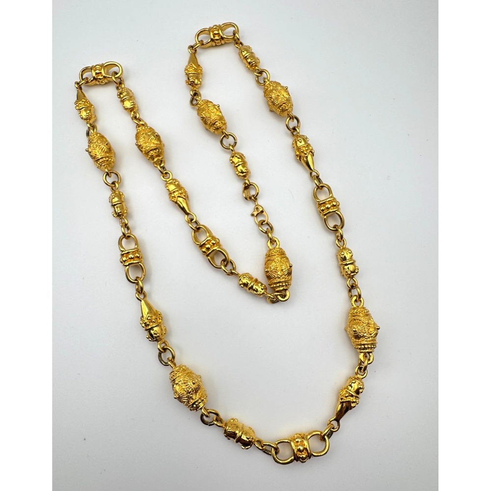 Vintage Monet Necklace Etruscan Link Station Textured Bead MCM Gold Tone